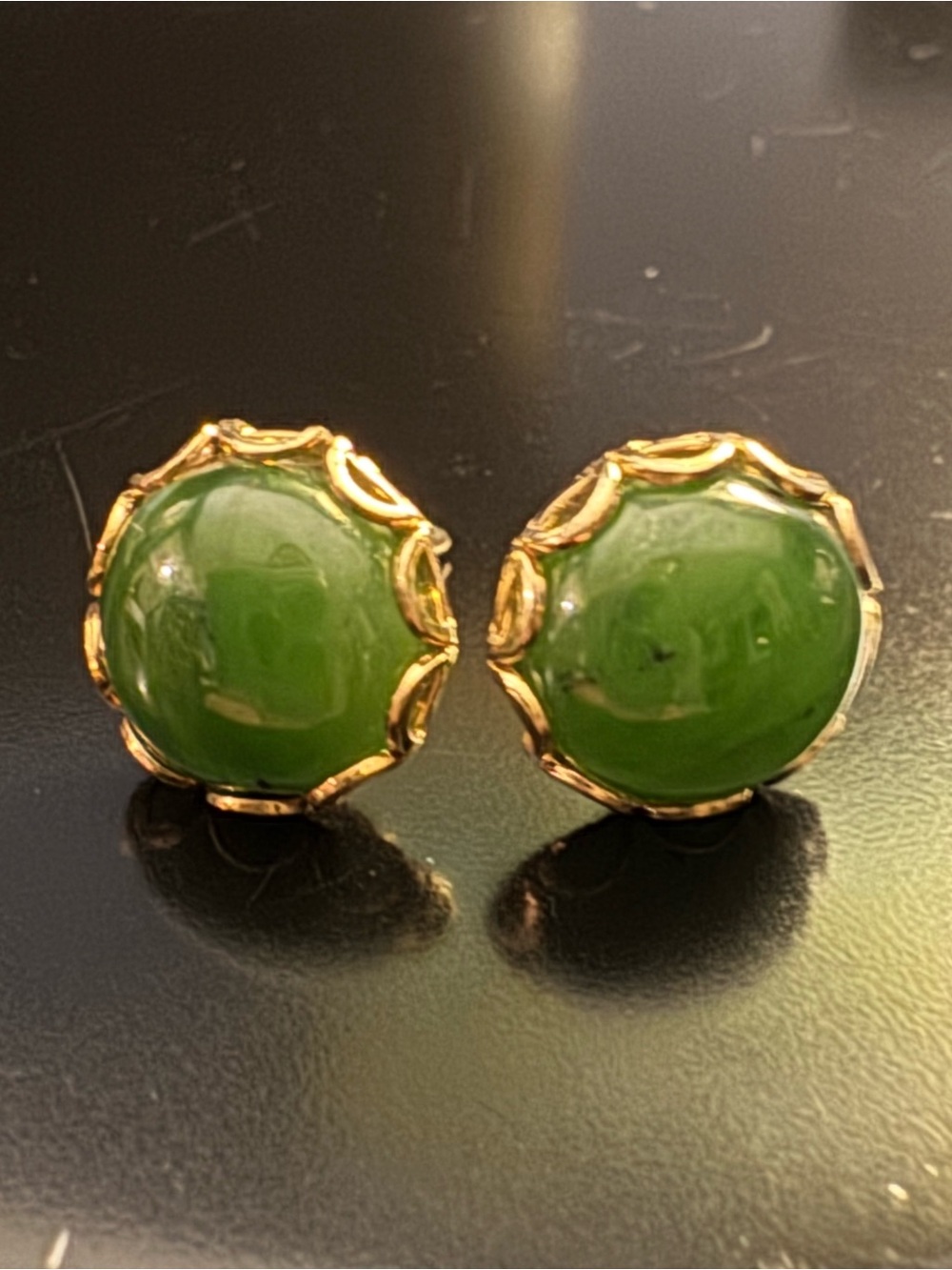 Nephrite Jade Gold Tone Stud Earrings - Classic Green Cabochon Design